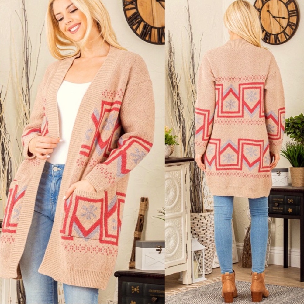 B29S🤎💗Luxury look+feel tan Southwest print cardigan w/pink +blue trim details